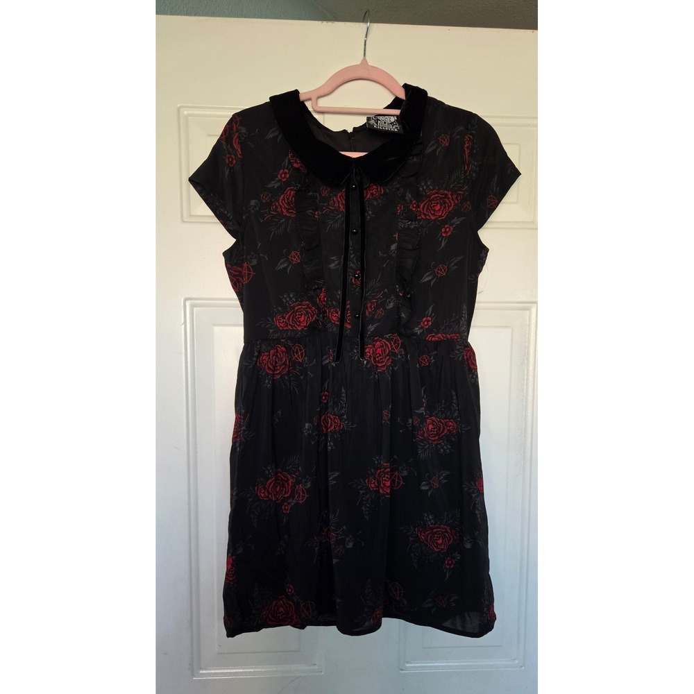 Killstar We Are The Weirdos Black Red Rose Skull Goth Mini Dress Velvet Collar